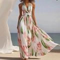 Bohemian maxi-jurk met bloemenprint, V-hals en open rug in roze en groene zomertinten - XS / Roze Wit