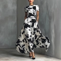 Abstract black and white print maxi dress with short sleeves and high waist design - XL / Black and White Abstract Print