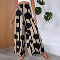 Pantaloni a gamba larga a vita alta da donna, stampa a pois beige e neri e righe - S / Cachi