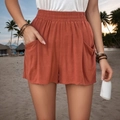 Rostrote Baumwolle Leinen Shorts mit hoher Taille, Gummizug und großen Taschen - S / Rot