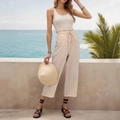 Pantalones playeros beige de talle alto con cordón y pierna ancha para look veraniego - XS / Albaricoque
