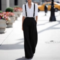 Women's black high waist wide leg trousers with adjustable suspenders and white shirt - XS / Black