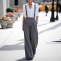 Chic grey high-waisted wide leg trousers with adjustable suspenders and a white shirt - XS / Gray