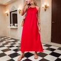 Elegantes, leuchtend rotes, ärmelloses Halterneck-Maxikleid aus Satin-ähnlichem Stoff - XS / Rot