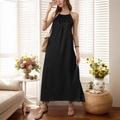 Elegantes schwarzes Neckholder-Maxikleid aus atmungsaktivem Stoff mit loser A-Linien-Form - XS / Schwarz