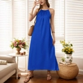 Königsblaues Neckholder Maxikleid ärmellos mit eleganten Falten und lockerer A-Linie Form - XS / Blau
