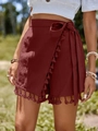 Gonna pantalone a portafoglio rosso scuro con lacci in cotone e frange bohémien - S / Rosso
