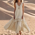 Robe longue bohème sans manches à col en V en blanc crème pour les vacances d'été - XXL / Blanc Cassé