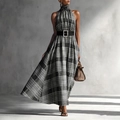 Halter-maxi-jurk met ruitjespatroon en zwarte riem in zwart-wit geblokte stijl - S / Tops / Zwart-wit ruit (US-maat, niet China-maat)