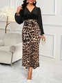 Elegante abito con scollo a V e gonna leopardata con spacco laterale alto - S / Leopardo Nero