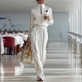 Chic white knit tracksuit set with quarter-zip pullover and wide-leg striped pants - XS / White