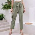 Women's high waist pleated straight trousers in sage green with matching tie belt - M / Green