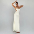 Elegant white slim fit long evening dress with stylish cutout details and thin straps - XS / Apricot
