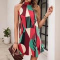 Elegant sleeveless halter dress featuring geometric color-block print in red and green - S / Multicolor