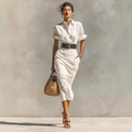 Elegante witte halflange overhemdjurk met korte mouwen en brede zwarte lederen riem - S / Tops / Wit