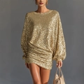 Elegant gold sequin dress featuring long puff sleeves and ruched bodycon cocktail fit - S / Gold