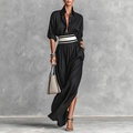 Elegante abito lungo nero con spacco laterale e cintura in vita a righe bianche e nere - XS / Nero