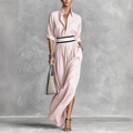 Abito lungo a camicia rosa pallido con maniche lunghe, cintura a righe e spacco laterale - XS / Rosa
