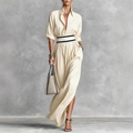 Elegante abito lungo beige a maniche lunghe con cintura a righe per un effetto silhouette sfiancata - XS / Albicocca