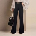 Women's black high-waisted flared trousers featuring elegant triple gold buckle detail - S / Black