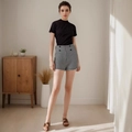 Slim black T-shirt and high-waisted houndstooth knit shorts set for women summer style - S / Bottoms / Black and White