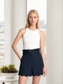 Navy blue high-waisted scalloped shorts paired with white ribbed tank top - S / Navy Blue