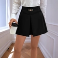 Elegant black high-waisted A-line skort with decorative gold metal buckle detail - S / Black