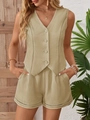 Sommer-Set aus ärmelloser Weste mit V-Ausschnitt und Shorts in Salbeigrün mit Spitze - S / Khaki