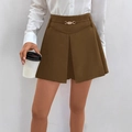 High-waisted brown A-line skirt with decorative gold metal buckles and front pleats - S / Rust Brown