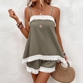 Olive green two-piece bohemian set with white tassel fringe and lace details - S / Army Green