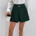 Dark green high-waisted skort with elegant gold buckle and pleated front detail - S / Dark Green