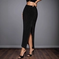 Eleganter schwarzer Maxirock mit hoher Taille, Falten und Seitenschlitz für den Sommer - XS / Schwarz