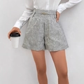 High-waisted grey tweed shorts for women with elegant decorative metal chain detail - S / Tweed (Gray) / Gray