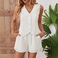 Minimalistisches Set aus weißer Baumwollweste und Shorts mit V-Ausschnitt und Webstruktur - S / Weiß