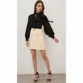 Chic beige A-line mini skirt featuring a decorative gold buckle and flap pocket design - S / White