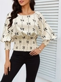 Chemisier femme imprimé nœuds avec taille smockée et manches lanternes blanc cassé - S / Abricot avec motif noir