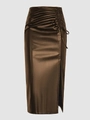 Elegant bronze high waist PU leather midi skirt with side drawstring and split detail - S / Coffee
