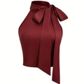 Deep red satin halter neck sleeveless blouse featuring a large elegant bow tie - M / Burgundy