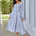 Detail of blue floral smocked midi dress with square neckline and side slit - 2XL / Blue