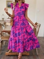 Abito lungo fucsia a fiori con balze e gonna a balze, ideale per vacanze estive - S / Rosa con Fiore Viola
