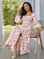 Elegant floral maxi dress with square neck, smocked chest and side slit for a holiday look - S / Red