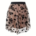 Detail of high waisted A-line skirt featuring black flocked floral mesh and beige lining - M / Light Pink