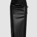 Slim fit black PU leather midi skirt with side drawstring ruched details and split hem - XXL / Black