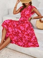 Robe longue fleurie rouge élégante avec col en V et ourlet à volants pour l'été - S / Fond Rouge Fleurs Roses
