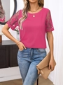Elegant magenta knit top with floral lace patchwork sleeves and casual round neck design - S / Pink
