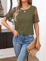 Elegant dark green knit t-shirt with floral lace mesh sleeves and round neck - S / Army Green