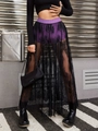 Women's gothic streetwear set featuring a black lace see-through maxi skirt and purple shorts - Purple