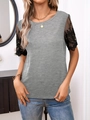 Elegant grey short sleeve knit top for women with black lace patchwork sleeves and round neck - S / Gray