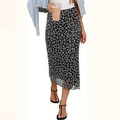 Detail view of black floral midi skirt showing delicate white patterns and chiffon texture - S / Bottoms / Black Floral