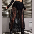Detail of floral lace texture and sheer mesh hem on a black gothic high waist skirt - S / Black